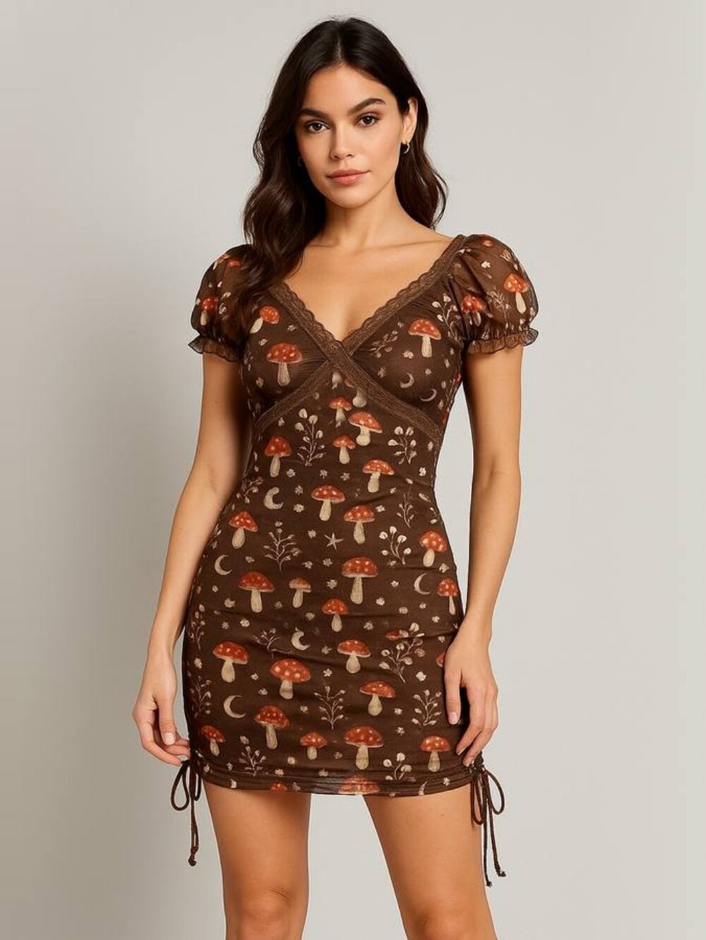 ROMWE Brown Red Mushroom Print Stretch Mesh Lace Trim Rouched Dress